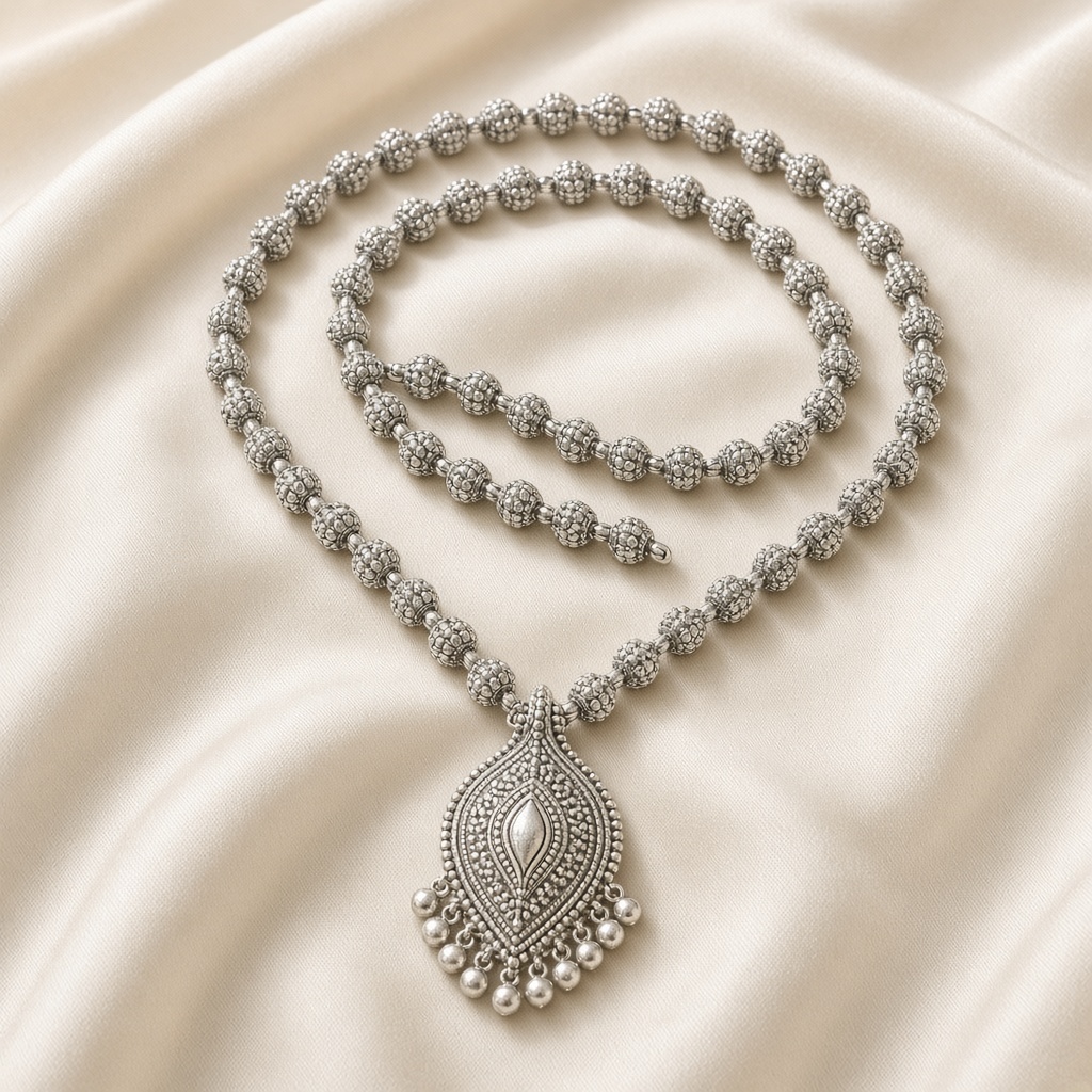 A silver necklace on ivory silk
