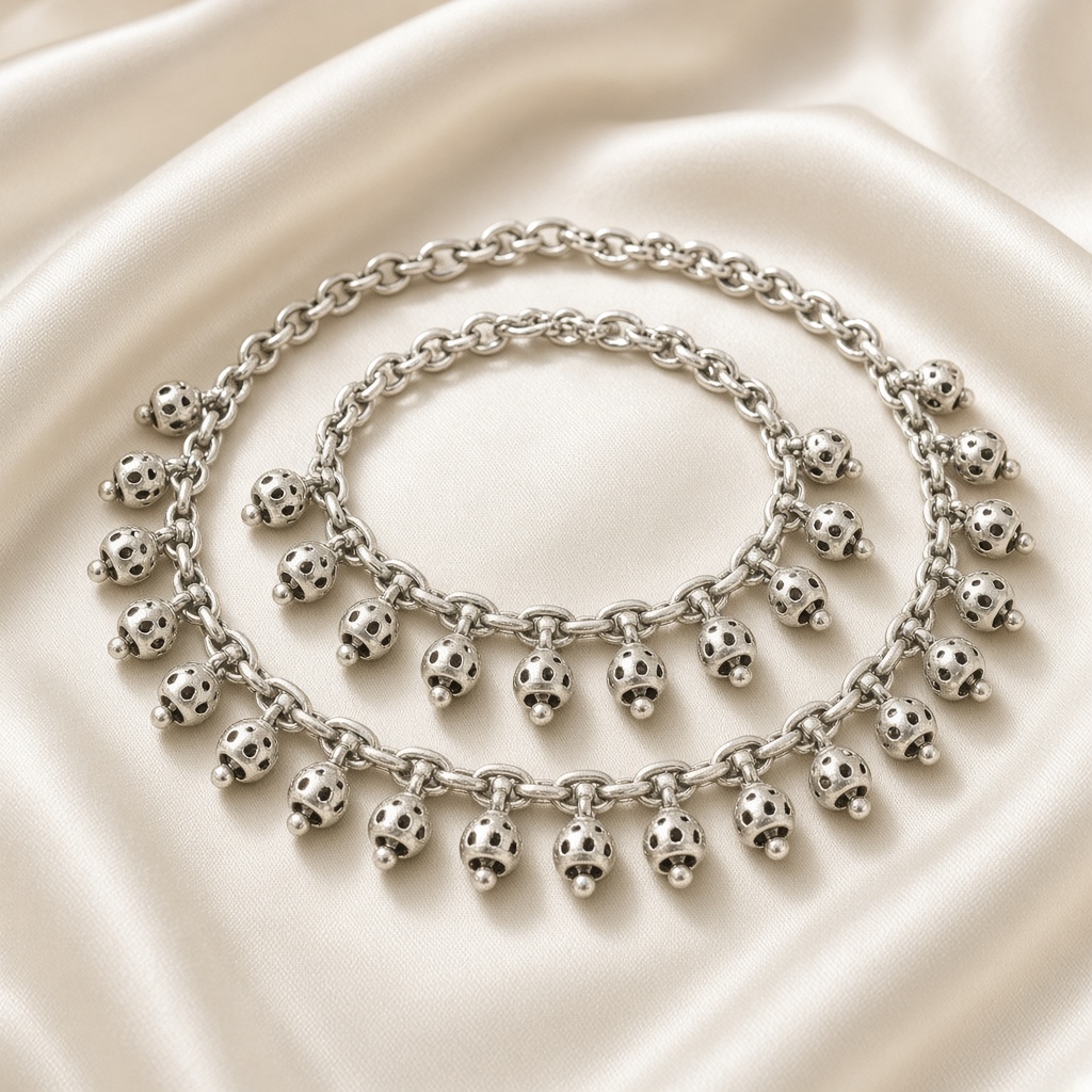 A pair of silver anklets with small bells