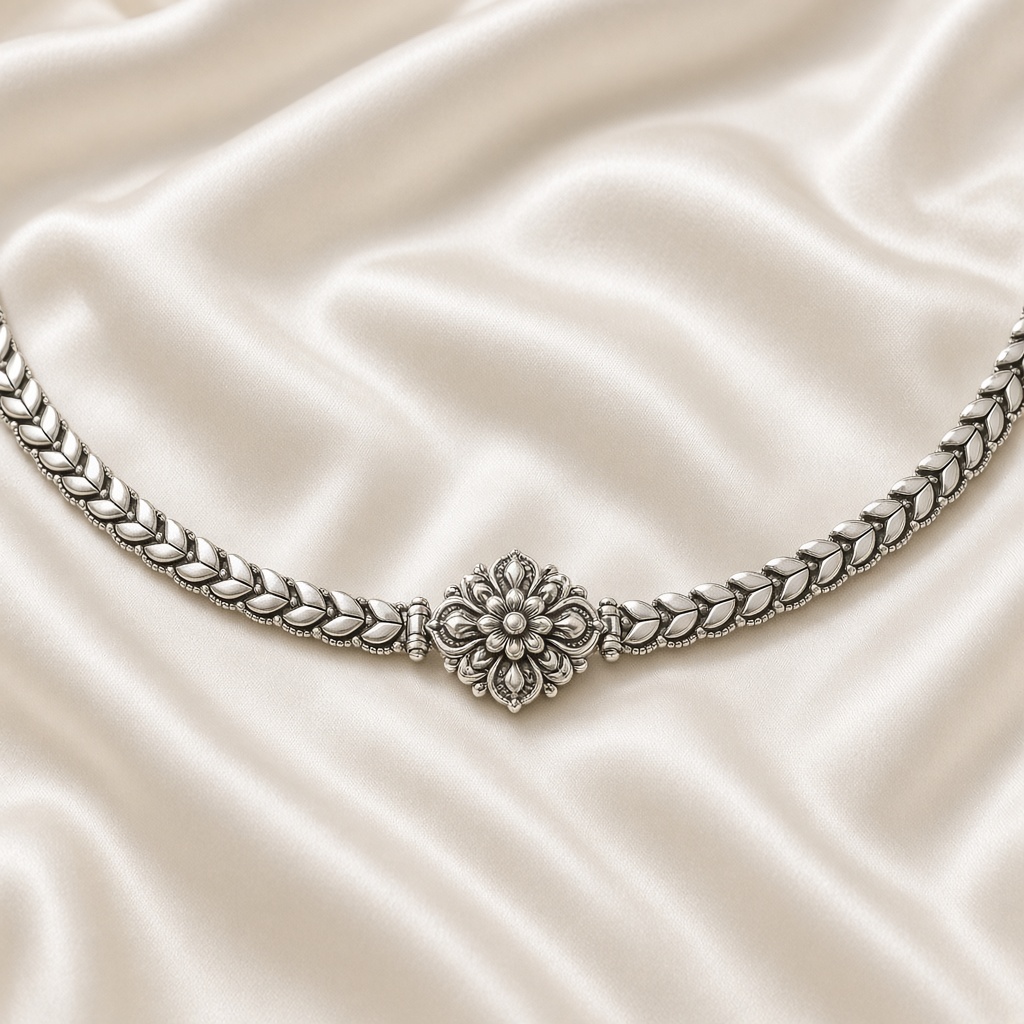 A silver waist belt on ivory silk
