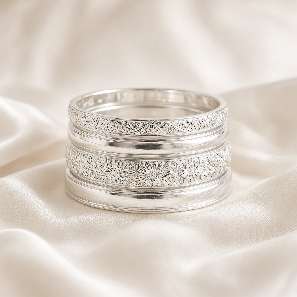 A stack of silver bangles